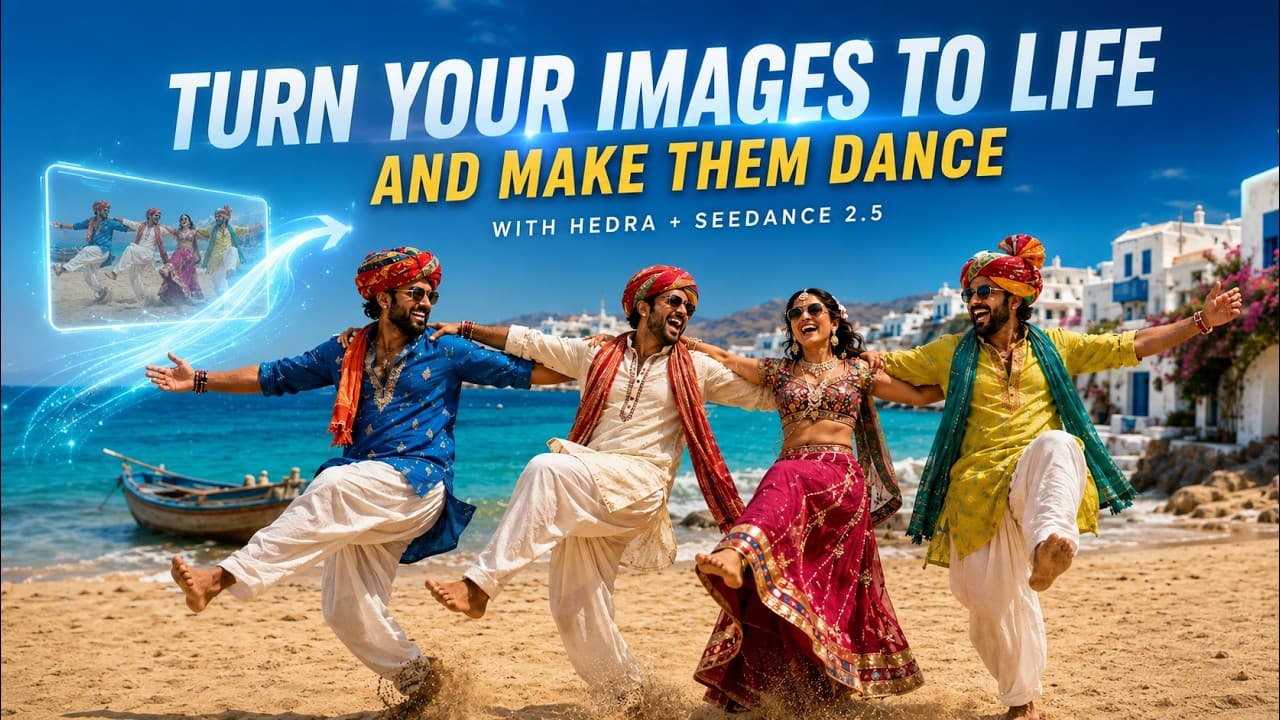 Four dancers in Punjabi dress leap barefoot on a Greek beach, with whitewashed houses, bougainvillea and a wooden fishing boat behind them. Overlaid title text reads: Turn your images to life and make them dance, with Hedra + Seedance 2.5.