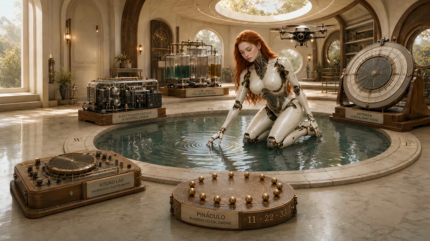 A warm sunlit observatory with a long-haired android kneeling to touch a sage-colored water basin among instruments for sound, celestial patterns, numerology, electronics, and energy.