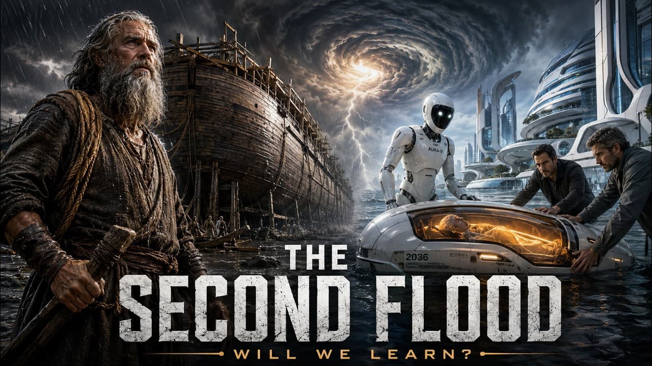 Split scene under a lightning storm. On the left a bearded man in rope-bound sackcloth stands before a large wooden ark under construction. On the right a white humanoid robot marked AURA-9 and two men wade through a flooded city of curved white towers, lifting a lit survival pod with a sleeping person inside. Overlaid title text reads: THE SECOND FLOOD, WILL WE LEARN?