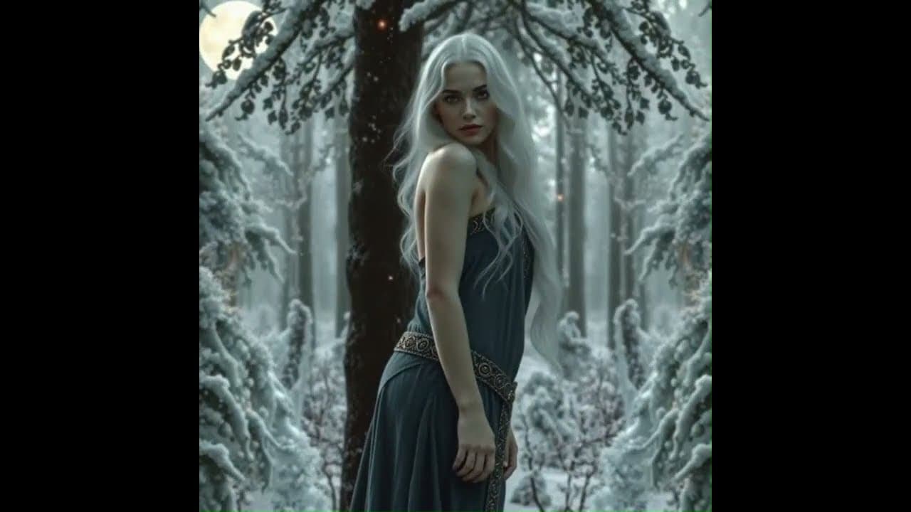 A woman with long white hair, in a dark blue-grey gown embroidered at the waist, stands among snow-laden pines and looks back over her bare shoulder. A full moon shows through the branches above her. The frame is vertical, set inside black bars.